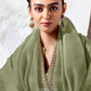 Elegant sage green Tissue Silk saree with gold bead tassels, embroidered border and printed blouse, perfect for weddings, receptions and festive celebrations.
