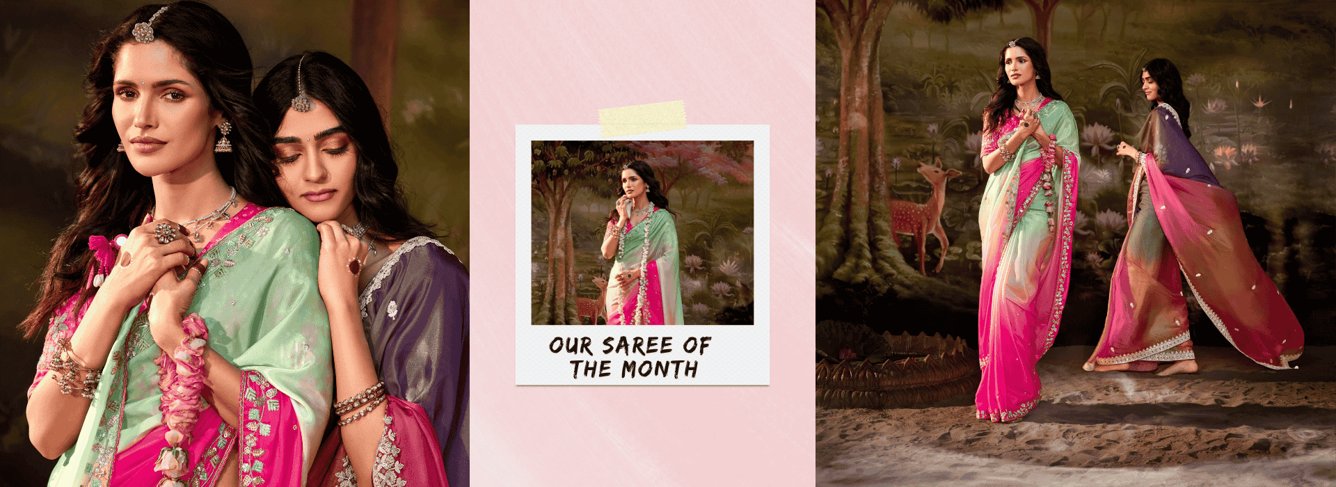 Two women in sarees with a inset showing 'Saree of the Month' and another scene with two women in sarees.
