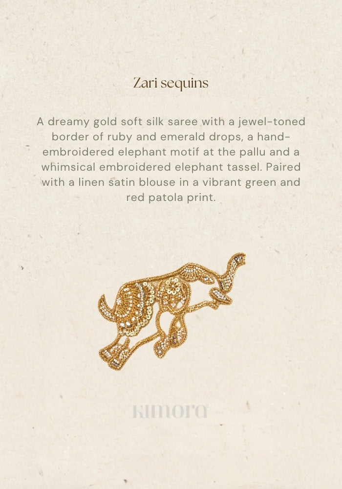 Gold designer saree with zari sequin bead embroidery and embroidered elephant motif