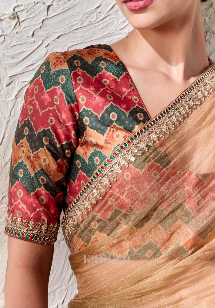 Gold saree pallu with intricate elephant embroidery and zari sequin bead detailing
