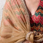 Gold soft silk saree with ruby emerald border and embroidered elephant tassel