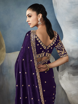 Navy Blue Tissue Silk Saree with Gold Embroidery