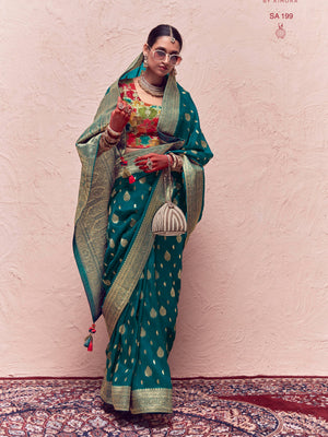 Exquisite Green Silk Saree with Golden Zari Work - Perfect for Mehendi & Festive Celebrations