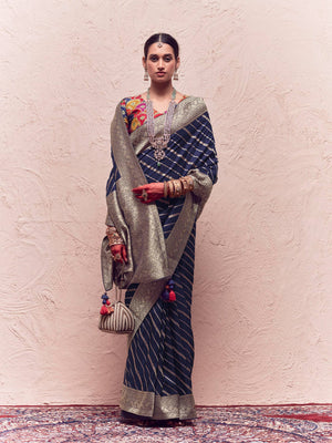 KIMORA’S NAVY BLUE CREPE SILK SAREE WITH MULTICOLOR BLOUSEBLUE CREPE SILK SAREE