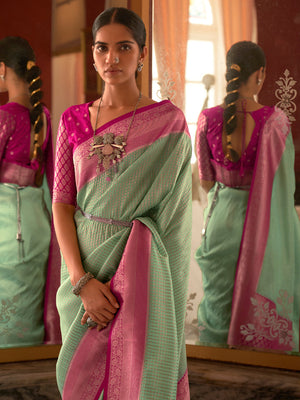 Radiate Feminine Charm with the Mint Rose Radiance Saree by Kimora