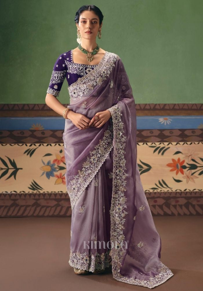 Mohini Tissue Rich Embroidered Saree In Lavender