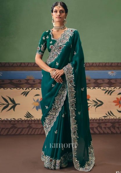 Chandra Fancy Tissue Rich Embroidered Saree in Green