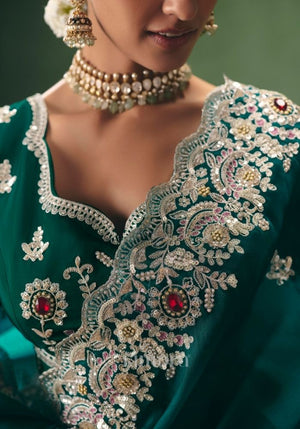 Chandra Fancy Tissue Rich Embroidered Saree in Green