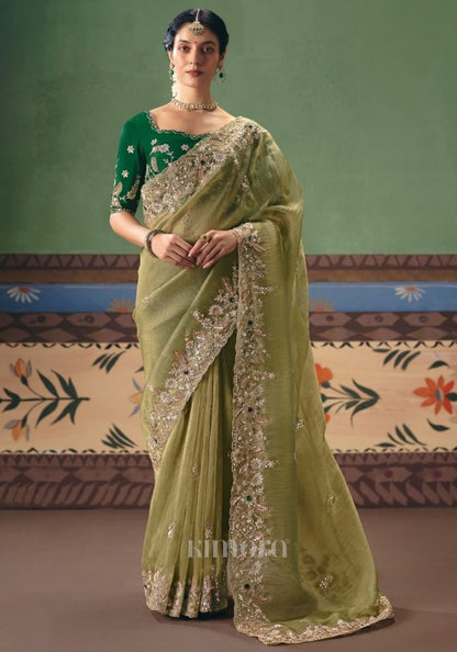 Nathini Tissue Rich Embroidered Saree In Olive Green