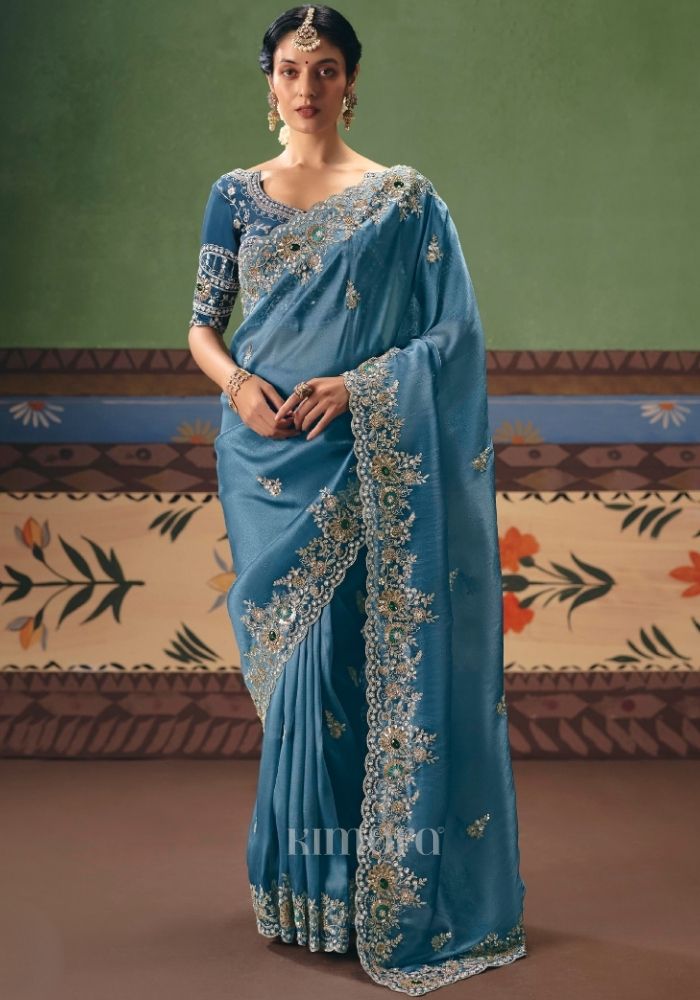 Neelvarna Teal Blue Premium Tissue Silk Saree