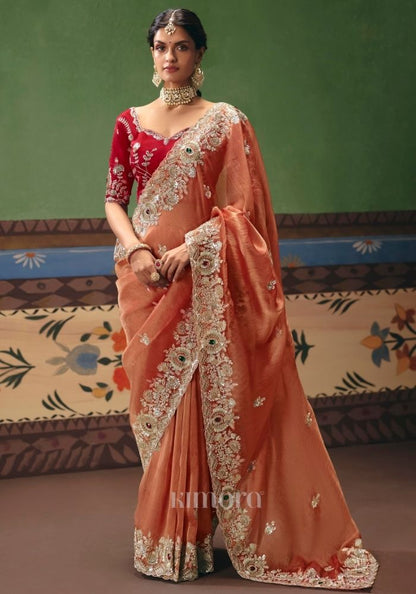 Parijata Fancy Tissue Rich Embroidered Saree In Peach