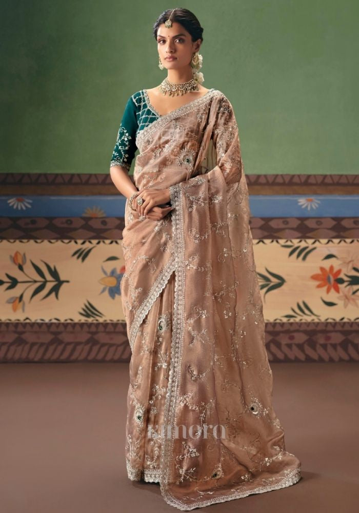 Kumudini Antique Gold Tissue Saree With Emerald Green