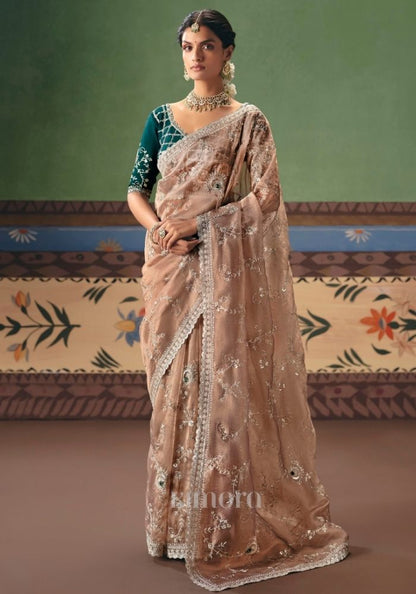 Kumudini Antique Gold Tissue Saree With Emerald Green