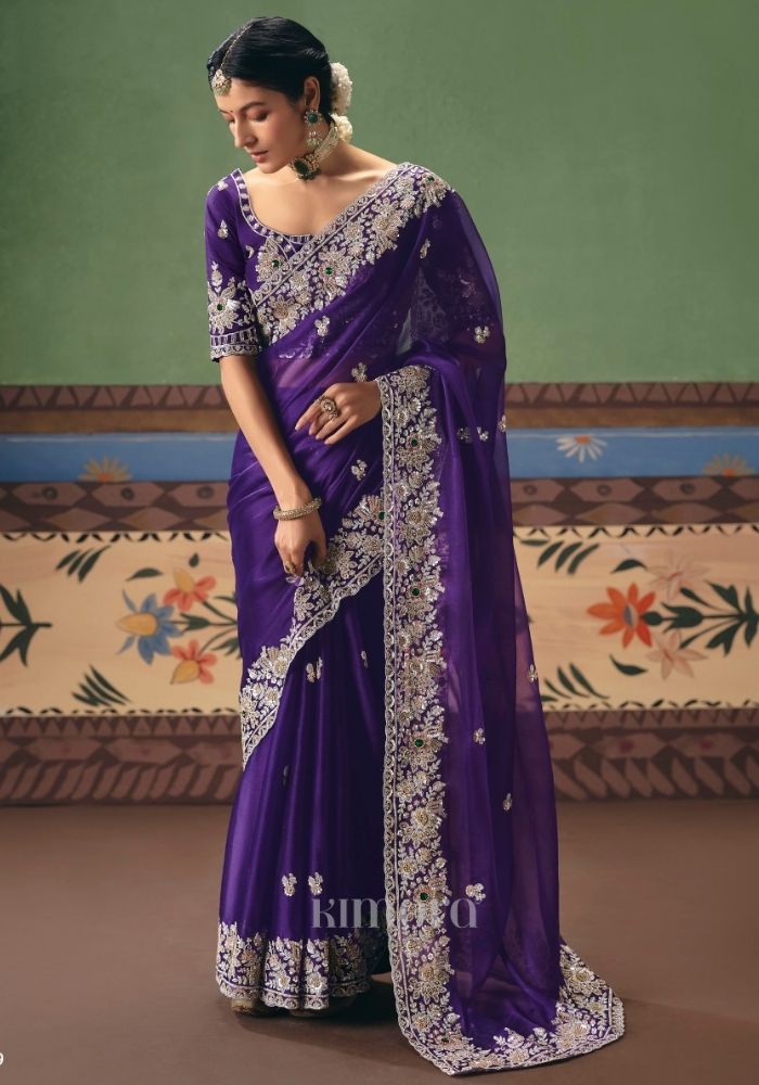 Bindiya Tissue Zari Embroidered Saree In Purple