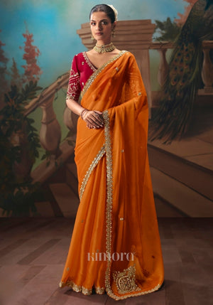 Nitya Tissue Silk Zardosi Embroidered Saree In Orange