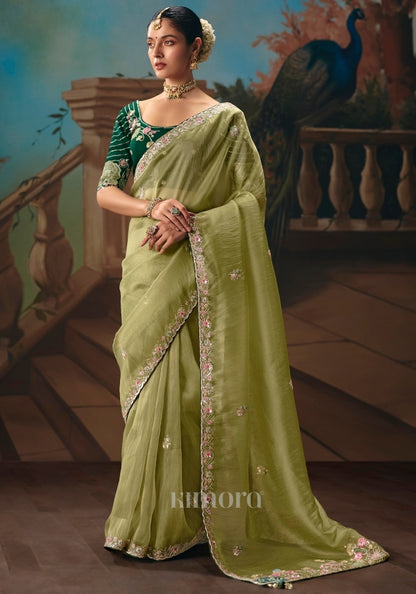 Sulekha Tissue Silk Patch Embroidery Saree In Olive Green