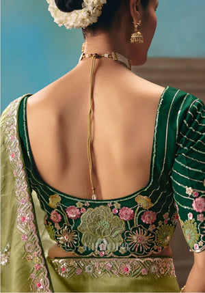 Sulekha Tissue Silk Patch Embroidery Saree In Olive Green