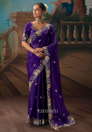 Atulya Tissue Silk Patch Floral Embroidered Saree In Blue