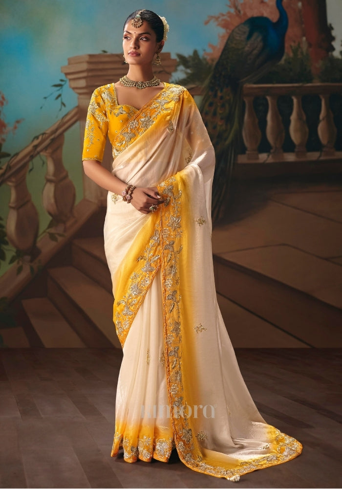 Kanakpriya Ivory & Mustard Premium Tissue Silk Saree