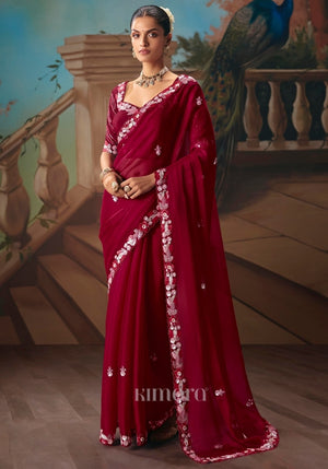 Ruby Tissue Silk Sequence Embroidered Saree In Red