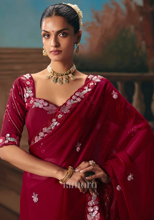Ruby Tissue Silk Sequence Embroidered Saree In Red