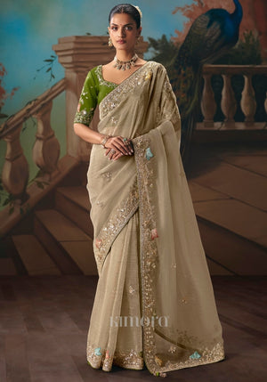 Laher Tissue Silk Embroidered Saree In Olive Green
