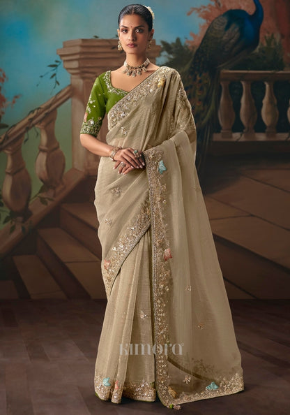 Laher Tissue Silk Embroidered Saree In Olive Green