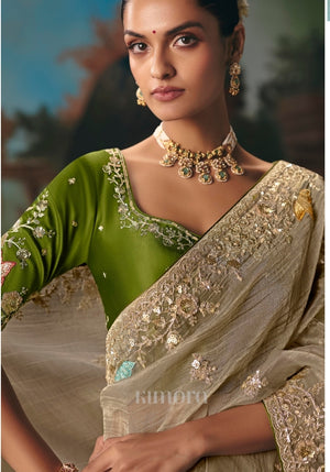 Laher Tissue Silk Embroidered Saree In Olive Green
