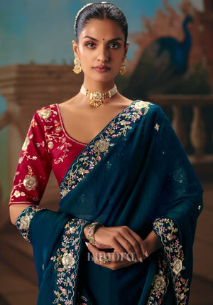 Maala Tissue Silk Embroidered Saree In Peacock blue
