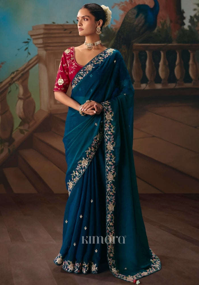 Maala Tissue Silk Embroidered Saree In Peacock blue