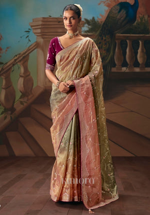 Lekha Tissue Silk Sequence Embroidered Saree In Olive Gold