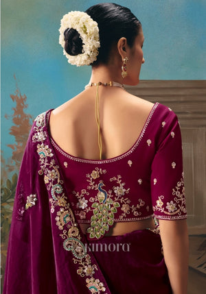 Mohna Tissue Silk Peacock Cut-Work Saree In Wine