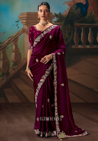 Mohna Tissue Silk Peacock Cut-Work Saree In Wine
