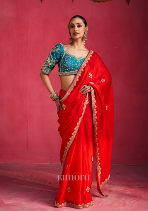 Virasat Natural Crepe Embroidered saree in Red