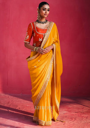 Urwashi Natural Silk Handcrafted Saree in Mustard yellow