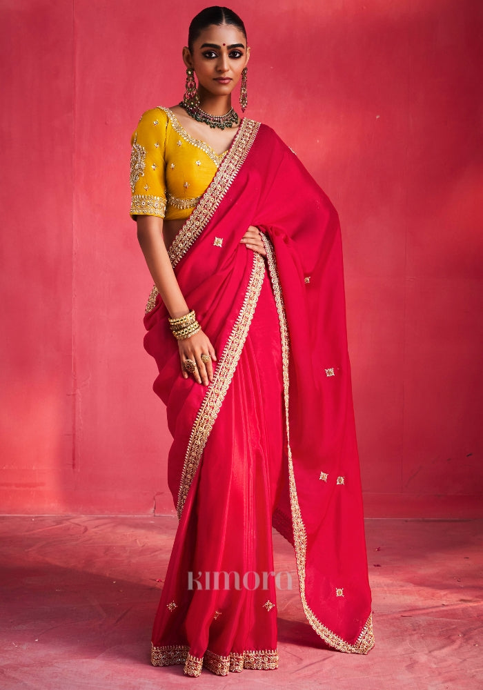 Amara Silk Heavy Border Sequins Sarees in Rani pink