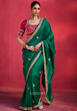 Zeba Chiffon Zari Border Saree in Emerald Green