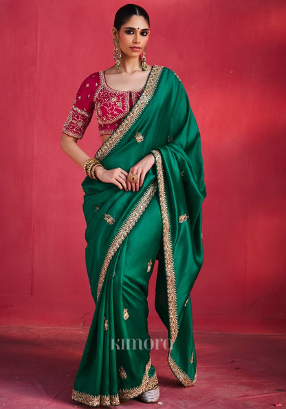 Zeba Chiffon Zari Border Saree in Emerald Green