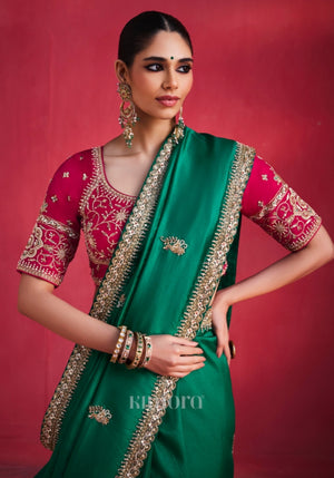 Zeba Chiffon Zari Border Saree in Emerald Green