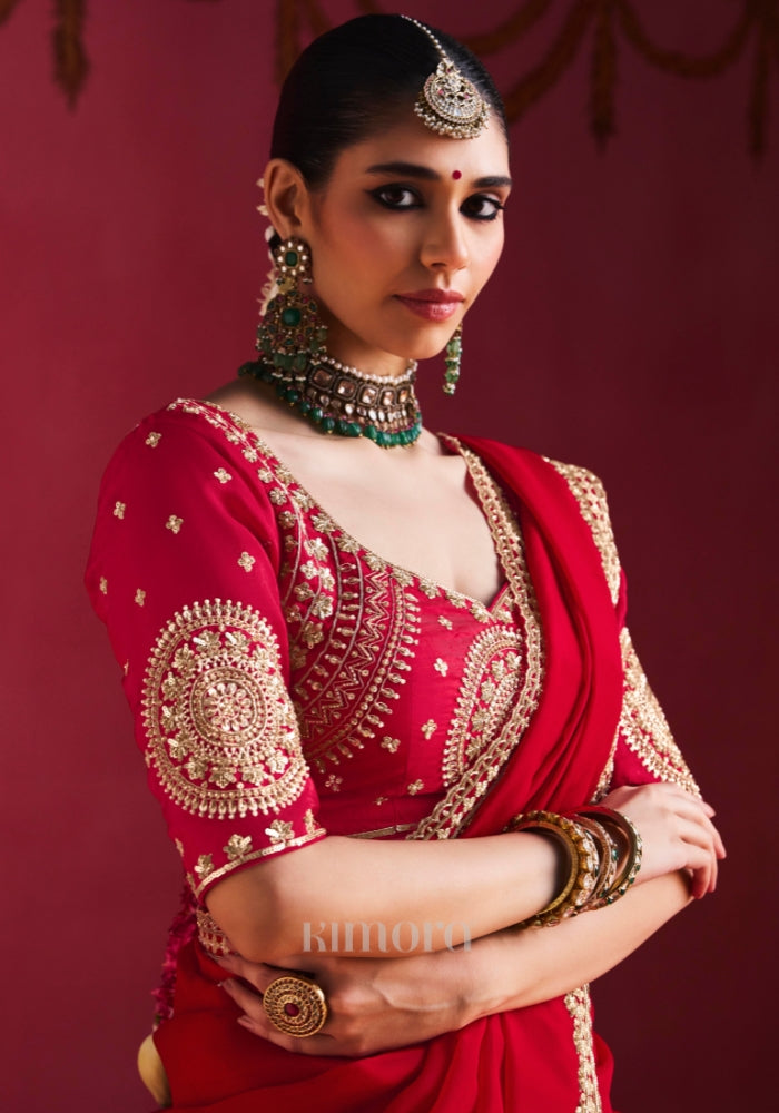 Rosette Heavy Silk Handcrafted Saree in Red