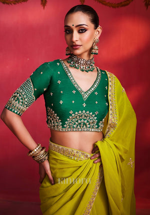 Lavya Pure Organza Khatli Border Saree in Lime Green