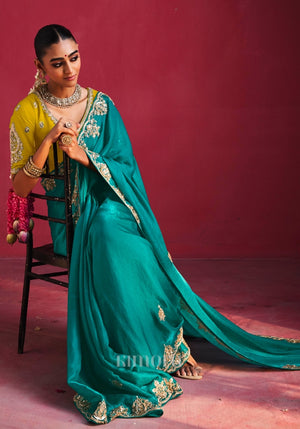 Peehu Soft Silk Embellished Border Saree In Turquoise Green
