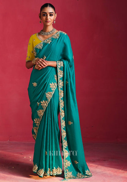 Peehu Soft Silk Embellished Border Saree In Turquoise Green