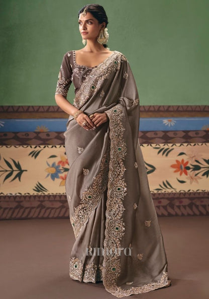 Juhi Fancy Tissue Rich Embroidered Saree In Brown