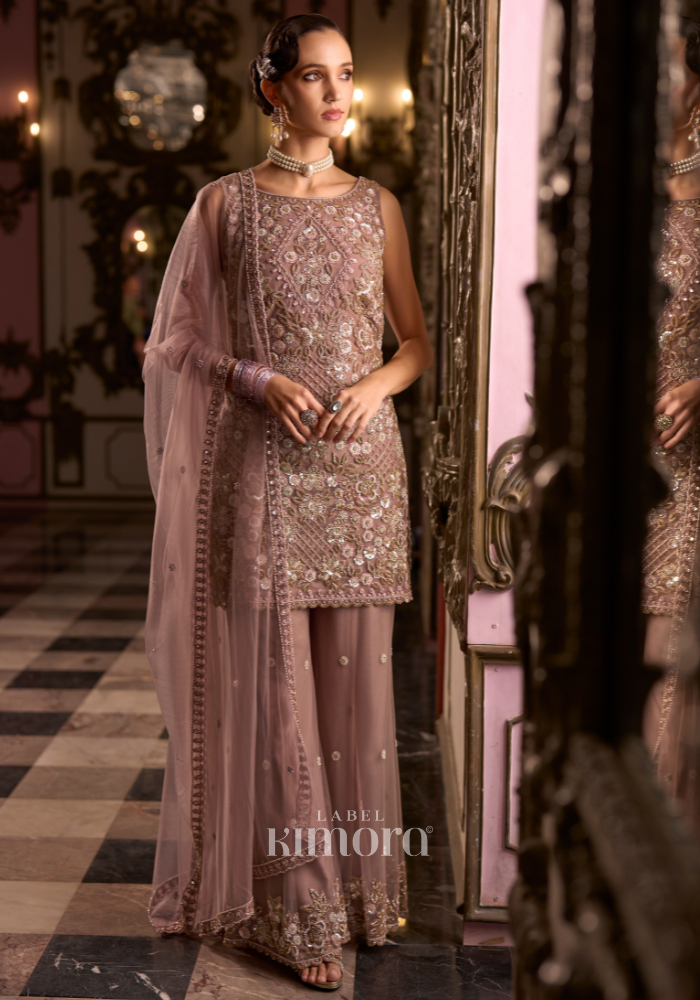 Itsiya Embroidered Net Onion Pink Top-Sharara Set