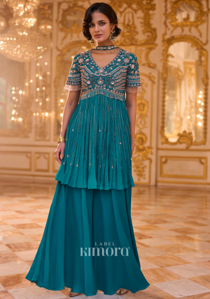 Contemporary Festive Sapphire Teal Peplum Set