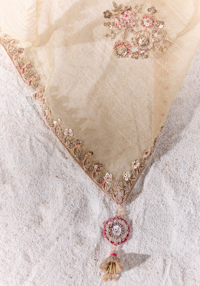 Model wearing a designer champagne gold Mulberry Cotton Silk saree featuring floral zari embroidery, sequin detailing and a contrasting red printed blouse.