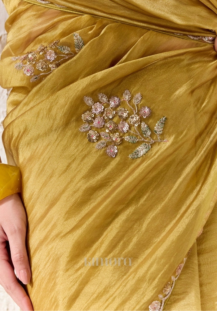 Olive gold saree with scattered silver zardozi floral embroidery