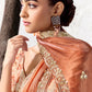 Orange floral printed satin silk blouse paired with a premium ivory to burnt orange ombre Soft Shimmer Tissue Silk saree.
