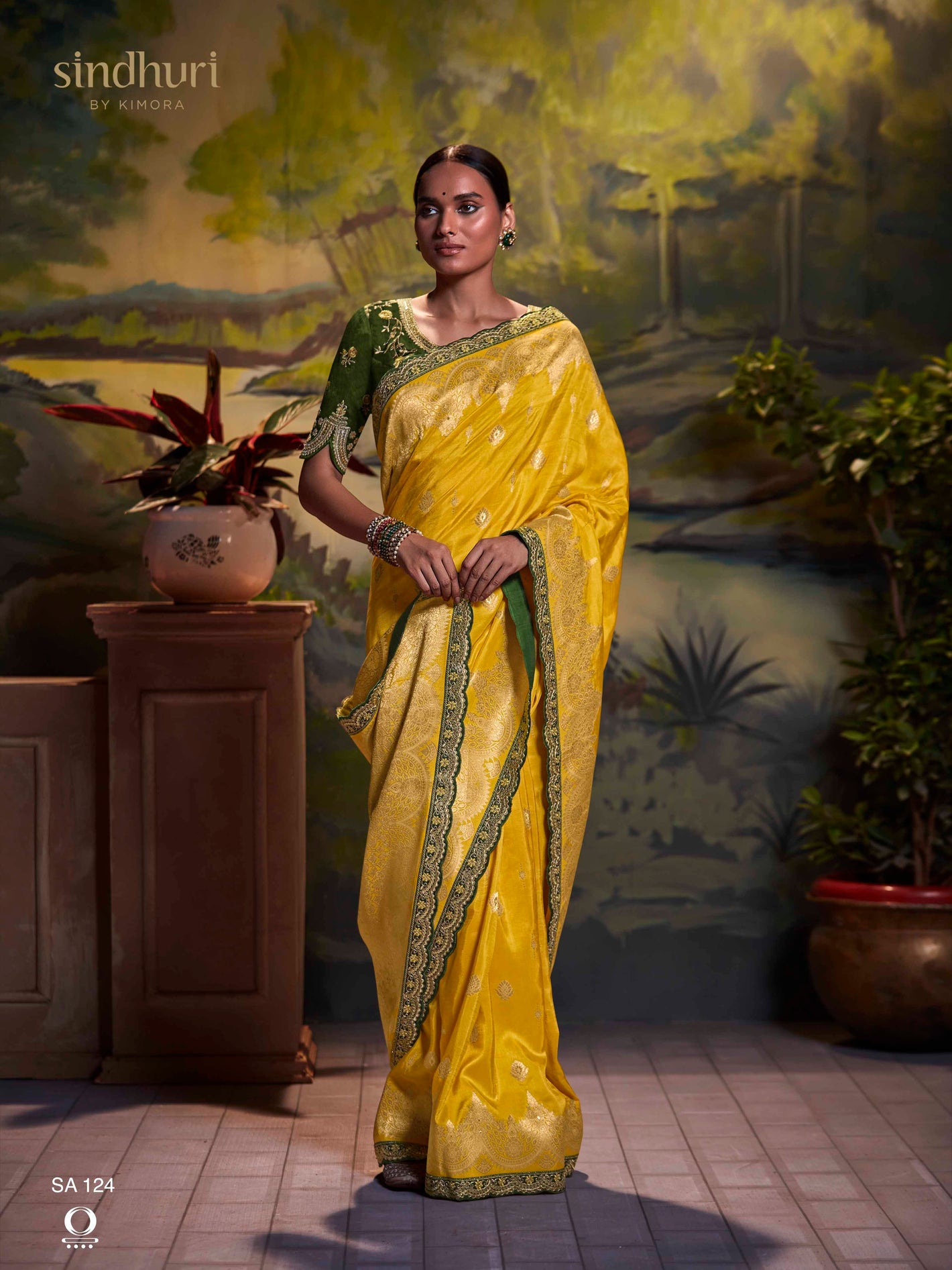 Yellow Pure Dola Silk Saree With Contrasting Green Embroidered Blousee